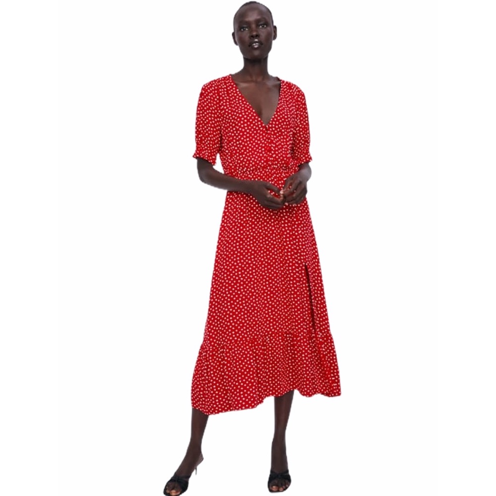 NEW Zara Red and White Ruffled Polka Dot Dress